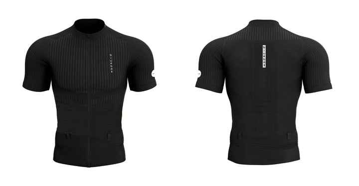 Light, Ergonomic Black Compression T-Shirt With Posture Support And Integrated Storage Belt For Trail Running